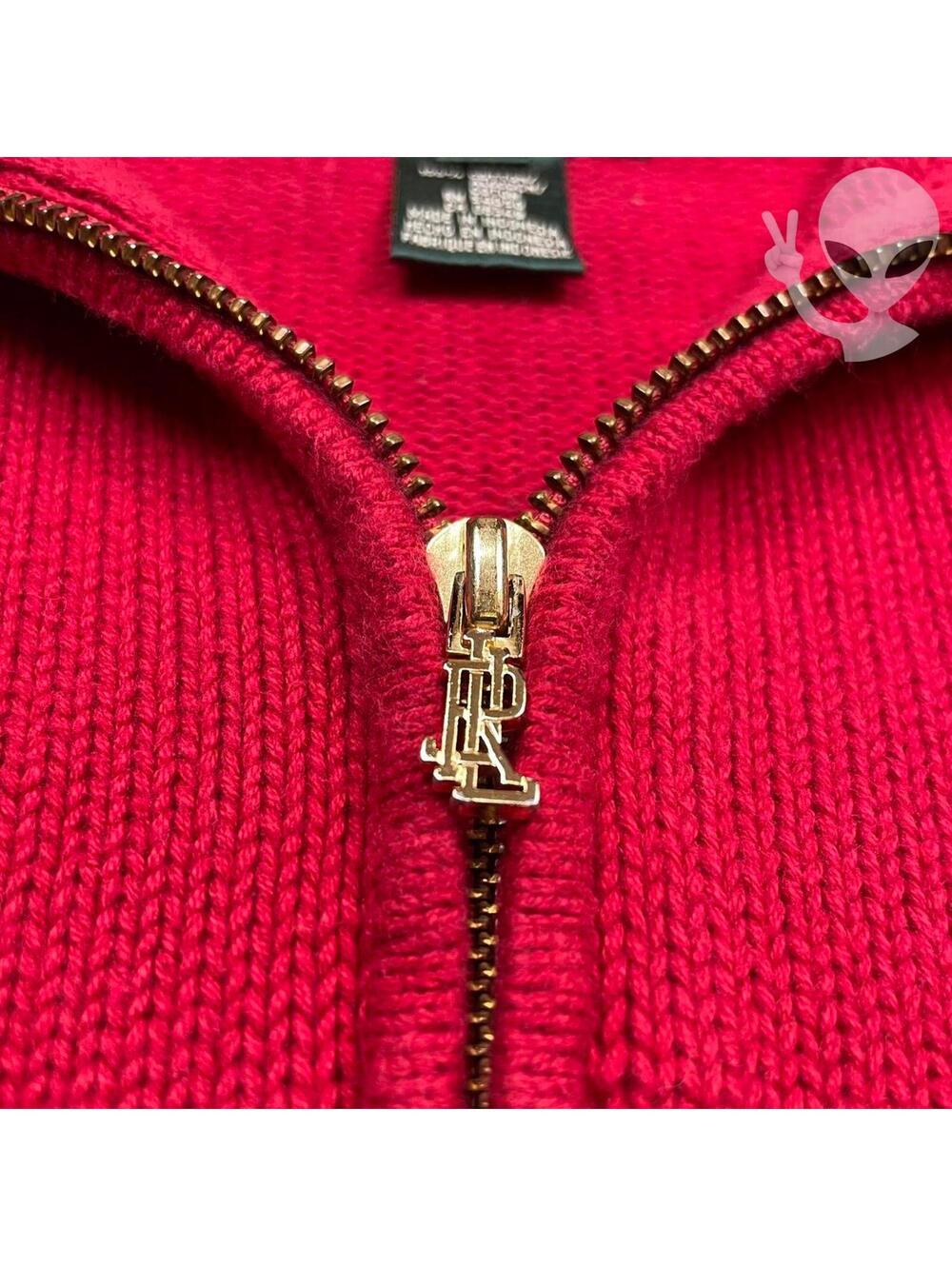 Lauren Ralph Lauren Knit Sweater Petite Medium Red Quarterzip Preppy Crest 90s - Picture 4 of 8